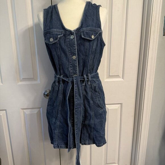 Only Denim Blue Jean Size Large Sleeveless Belted Tank Dress 90s Classic - Picture 3 of 11